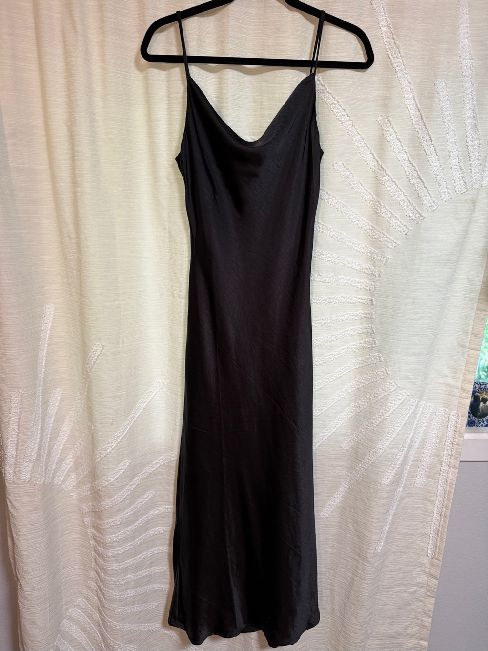 Audrey 3+1 Black Cowl Neck Satin Slip Dress, Midi Length, Spaghetti Strap